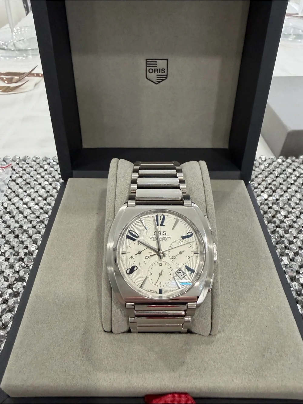 Oris Silver and Blue Automatic Chronograph Wristwatch